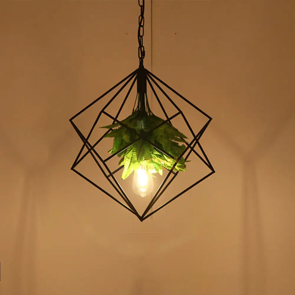 Diamond Cage Pendant Light with Black Farm Finish - Metallic Hanging Lamp Kit with Green Plant Décor