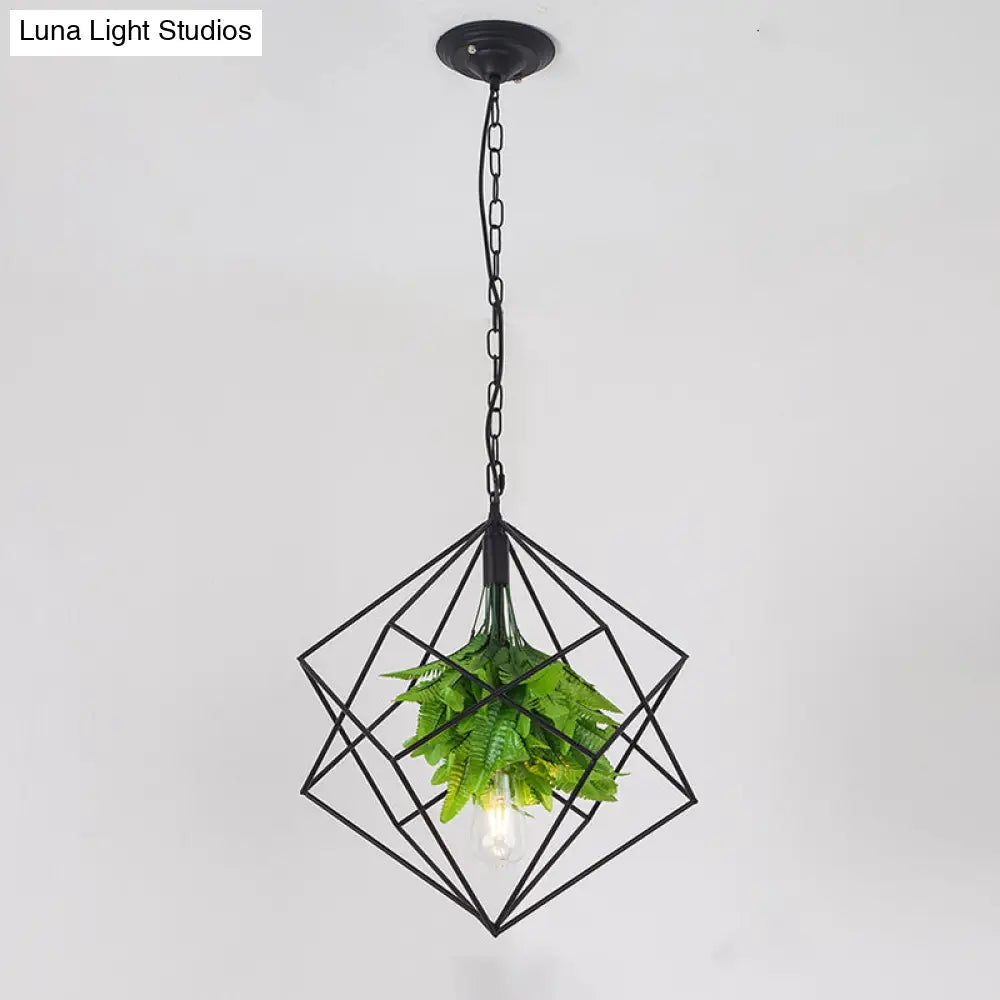 Diamond Cage Pendant Light with Black Farm Finish - Metallic Hanging Lamp Kit with Green Plant Décor