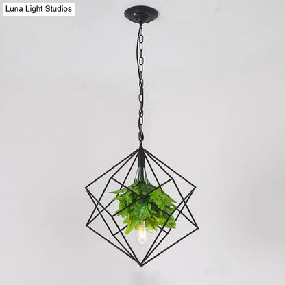 Diamond Cage Pendant Light with Black Farm Finish - Metallic Hanging Lamp Kit with Green Plant Décor