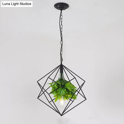 Diamond Cage Pendant Light with Black Farm Finish - Metallic Hanging Lamp Kit with Green Plant Décor