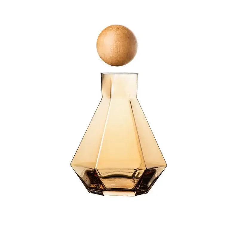 Diamond crystal glass water pitcher with faceted amber glass and round wooden stopper for dining room use