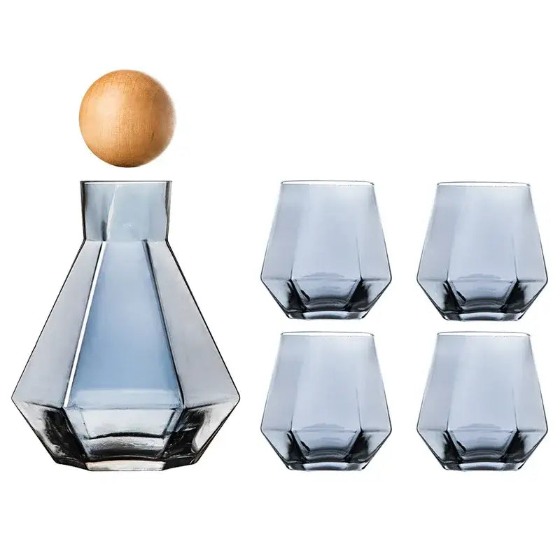 Geometric blue diamond crystal glass water decanter with wooden stopper and matching tumblers for dining room
