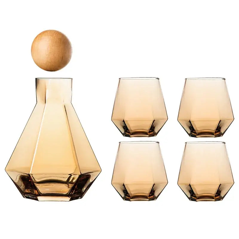 Geometric amber diamond crystal glass water decanter with wooden stopper and matching tumblers for dining room