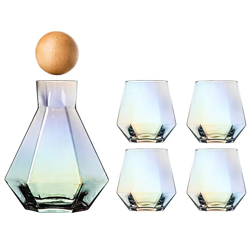 Diamond crystal glass water pitcher and matching iridescent geometric glassware with wooden stopper for dining room