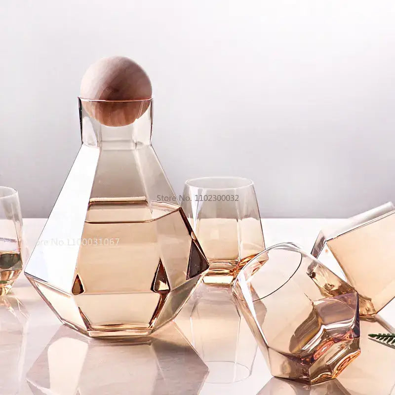 Geometric rose gold glass water decanter with wooden stopper in diamond crystal glass water pitcher and cup set for dining room