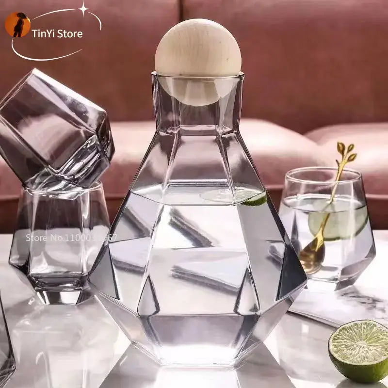 Clear geometric diamond crystal glass water carafe with white spherical stopper for dining room use