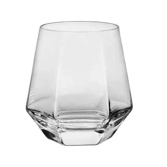 Clear diamond crystal glass water tumbler with faceted geometric design and sturdy base for dining room use