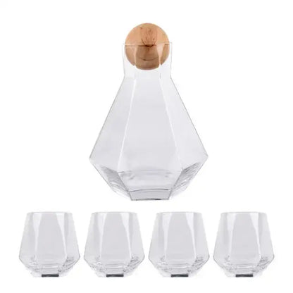 Diamond crystal glass water pitcher and cup set with clear geometric design and natural wood stopper for dining room use