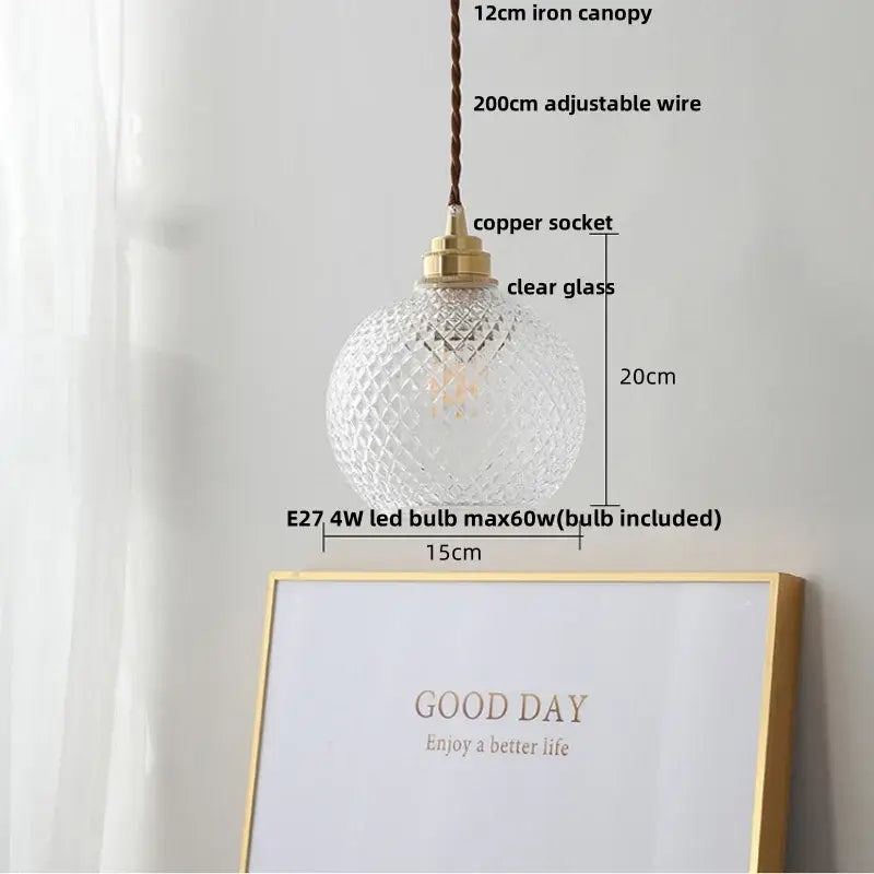 Clear glass pendant light with diamond-cut pattern brass copper socket and 20cm adjustable wire decorbites glass globe led