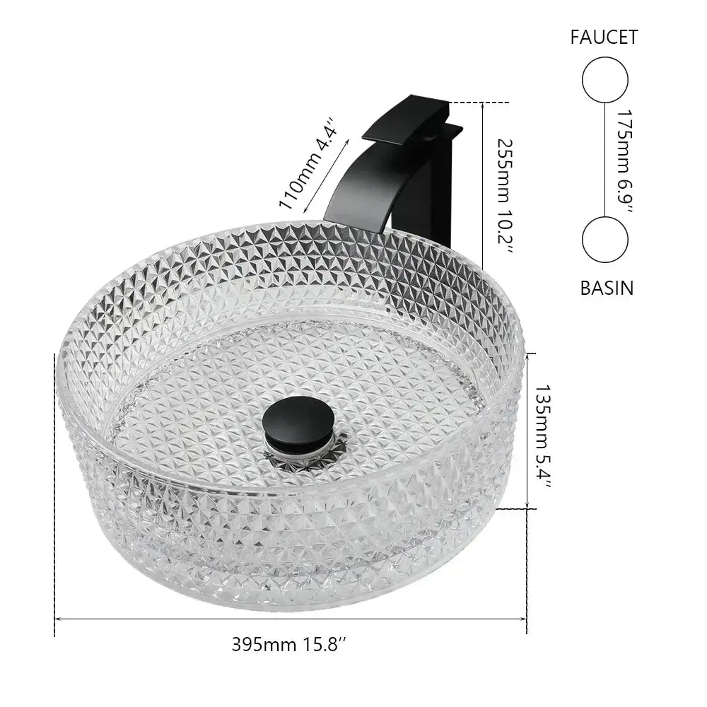 Clear glass diamond glass basin set with geometric pattern and matte black faucet for modern bathroom use