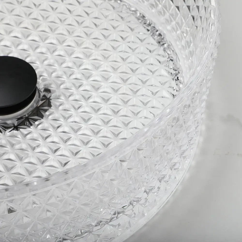 Clear crystal cake stand with geometric diamond-cut pattern and black knob for diamond glass basin set bathroom use