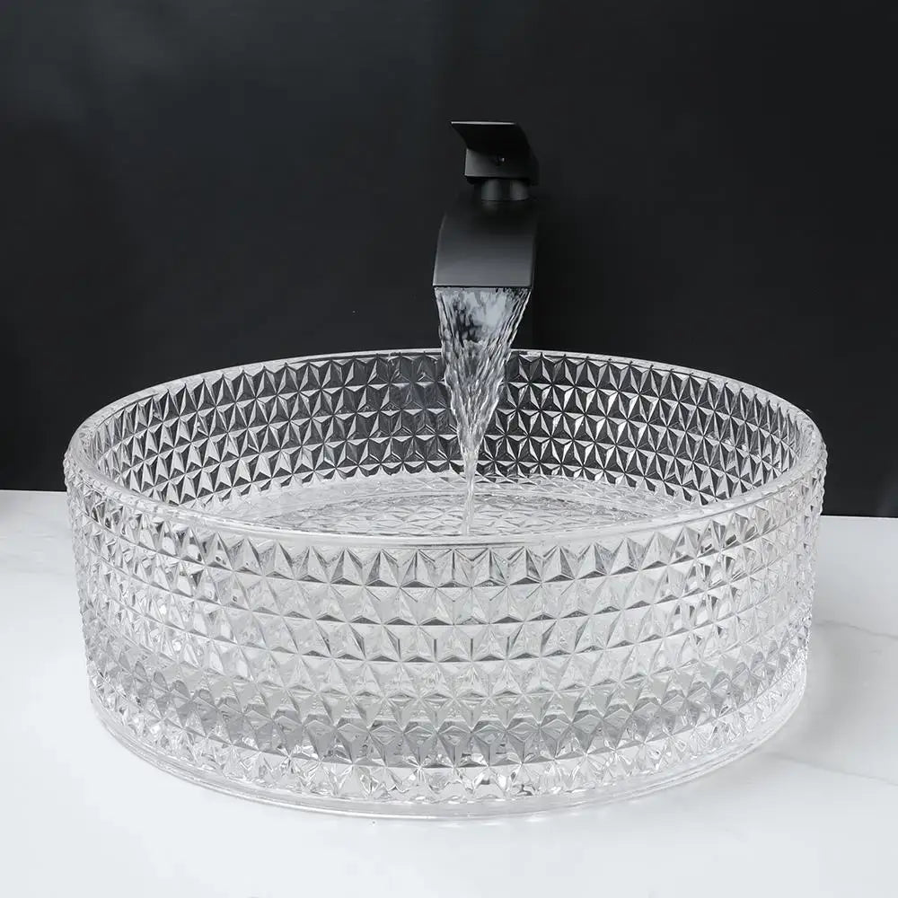 Diamond glass basin set featuring a clear geometric glass basin and black matte faucet for bathroom use