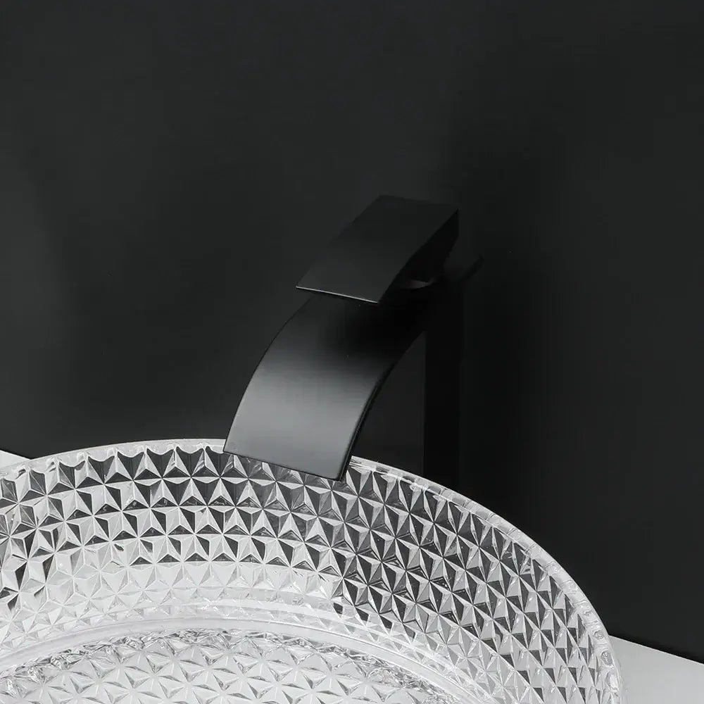 Diamond glass basin set with matte black faucet featuring a sleek modern design for bathroom use