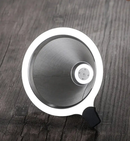 A stainless steel funnel with a black rubber grip handle for the diamond glass hand brew coffee set with wood neck