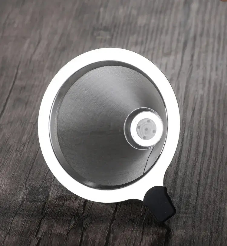 A stainless steel funnel with a black rubber grip handle for the diamond glass hand brew coffee set with wood neck