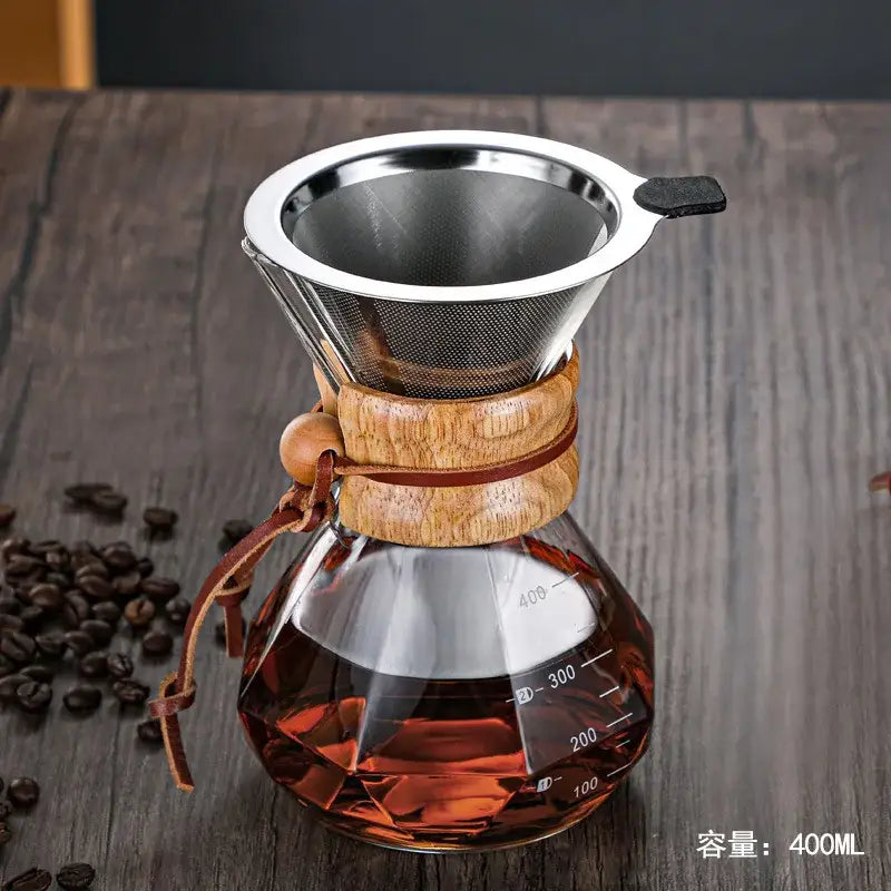 A 400ml diamond glass hand brew coffee dripper with stainless steel mesh filter wooden collar and leather tie for kitchen use