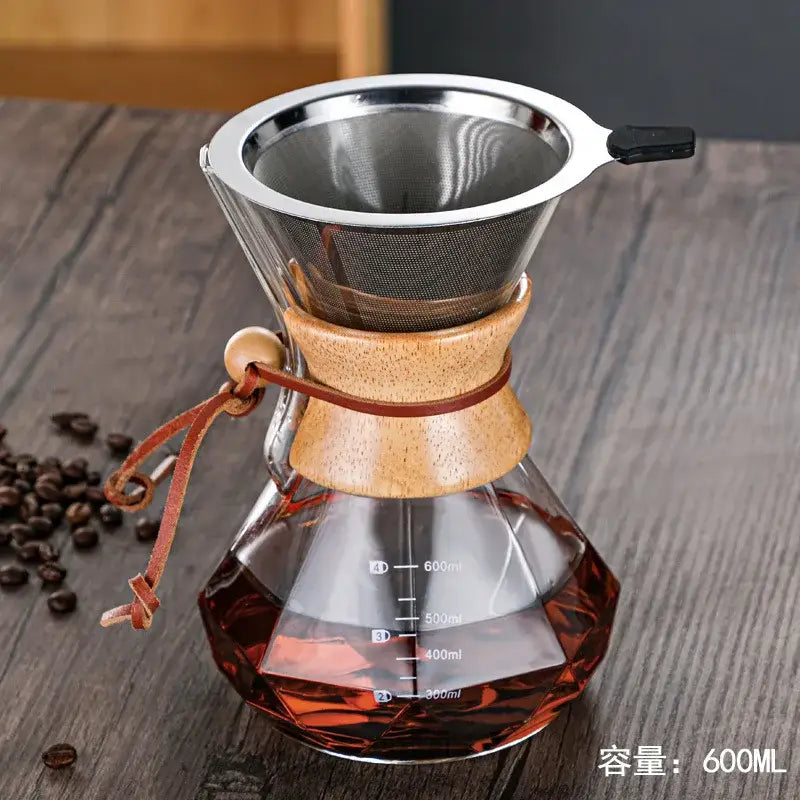 A 600ml diamond glass hand brew coffee maker with wooden collar stainless steel filter and brown leather tie for kitchen use