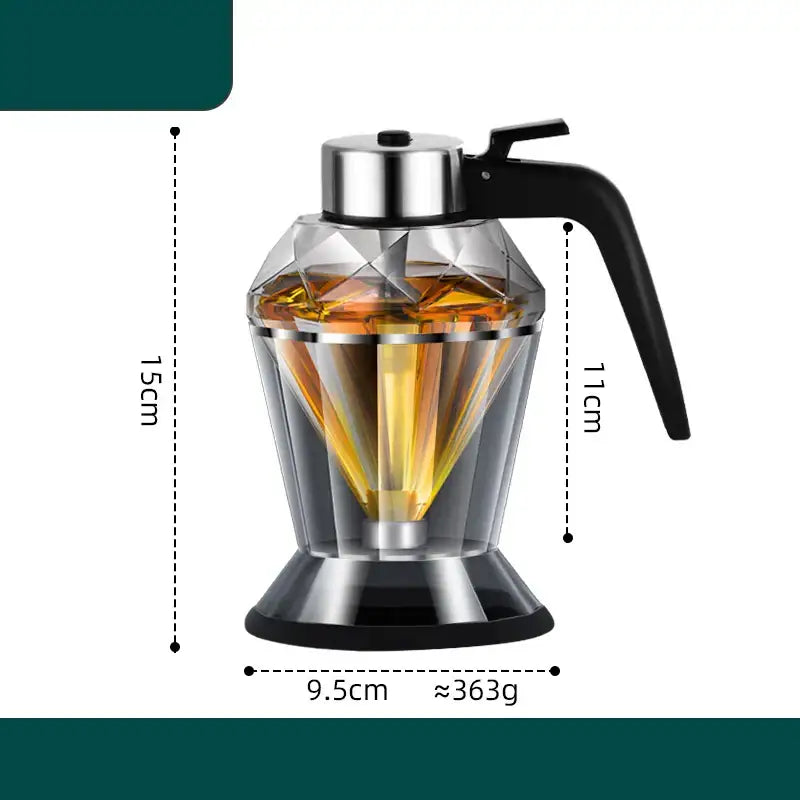 Diamond glass syrup honey dispenser with black handle silver lid and metallic accents for kitchen use