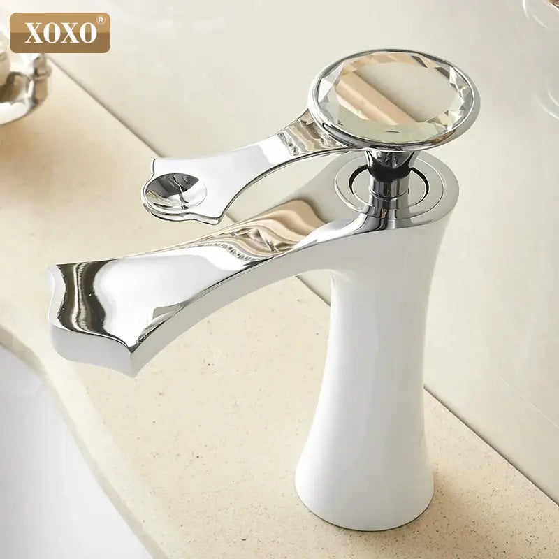 Chrome-finished diamond golden black basin faucet with sleek curved spout and crystal handle for bathroom use