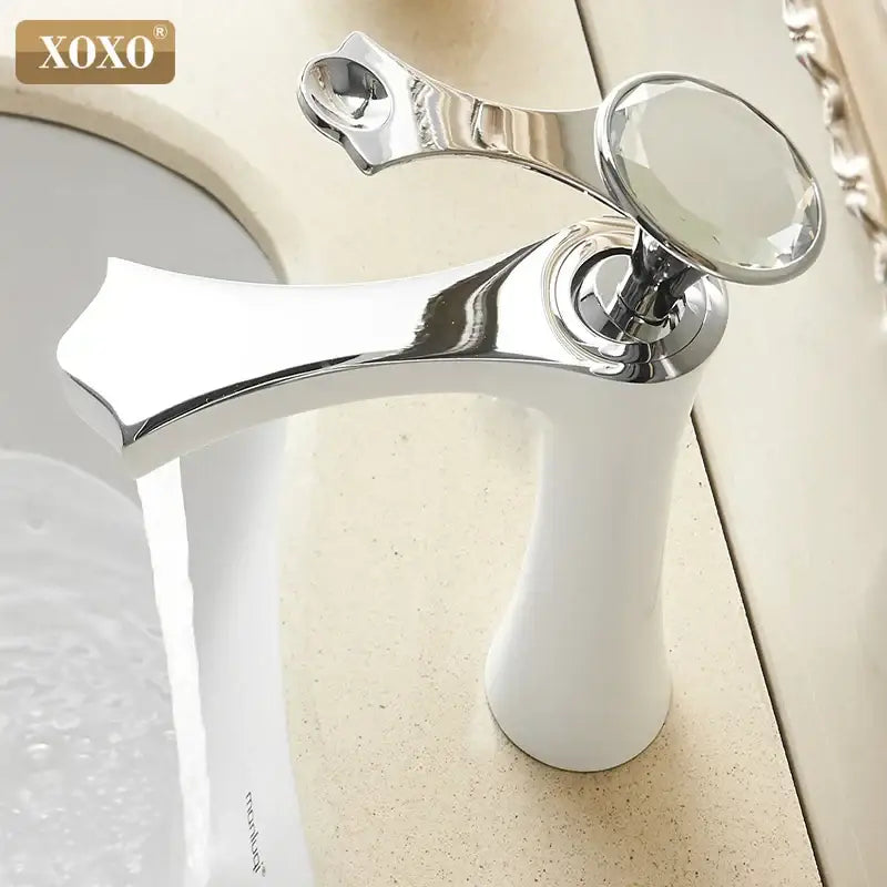 Chrome finished diamond golden black basin faucet with sleek curved spout and crystal and cat paw handles