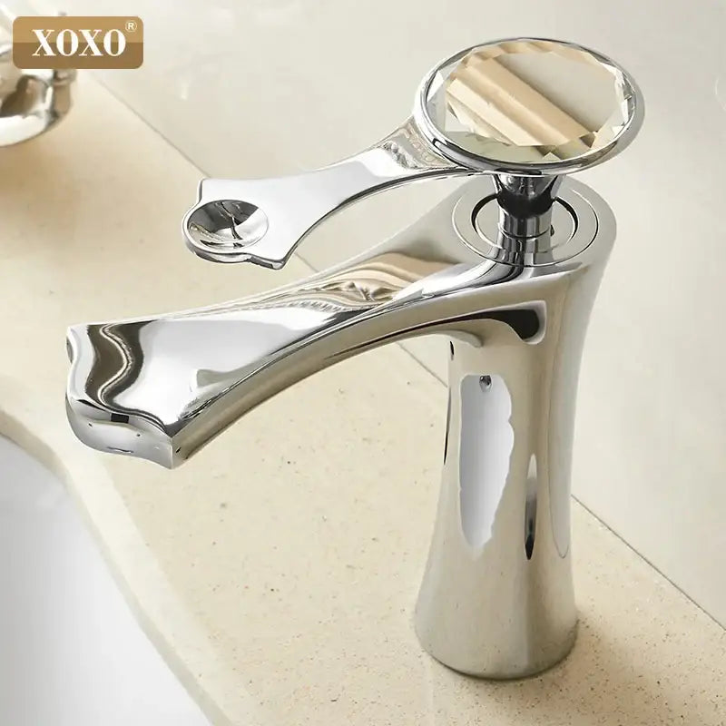 Diamond golden black basin faucet with shiny chrome finish and faceted crystal knob for elegant bathroom mixer tap