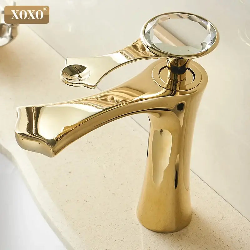 Diamond golden black basin faucet with gold finish and faceted crystal handle for bathroom mixer tap