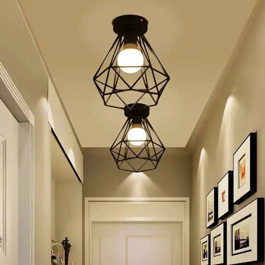 DecorBites™ DecorBites™ Diamond Iron Vintage 1-Light Balcony Ceiling Flush Light in Black - Semi Mount Lighting