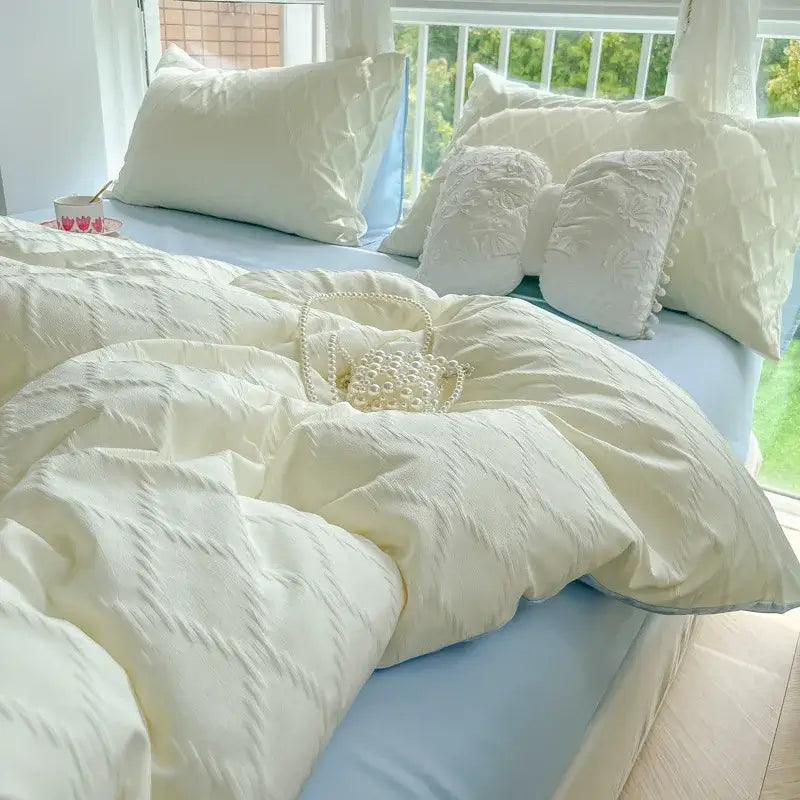 A delicate pearl-handled clutch bag with textured cream fabric complements the diamond jacquard duvet cover