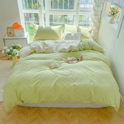 Light green quilted jacquard duvet cover set with subtle diamond pattern perfect for skin friendly bedding