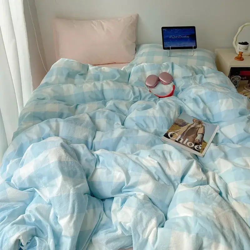 Light blue and white gingham patterned quilt cover for diamond jacquard duvet cover cream skin friendly bedding