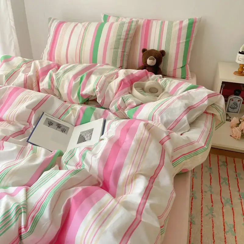 Pink green and white striped diamond jacquard duvet cover with soft cotton texture cream skin friendly bedding