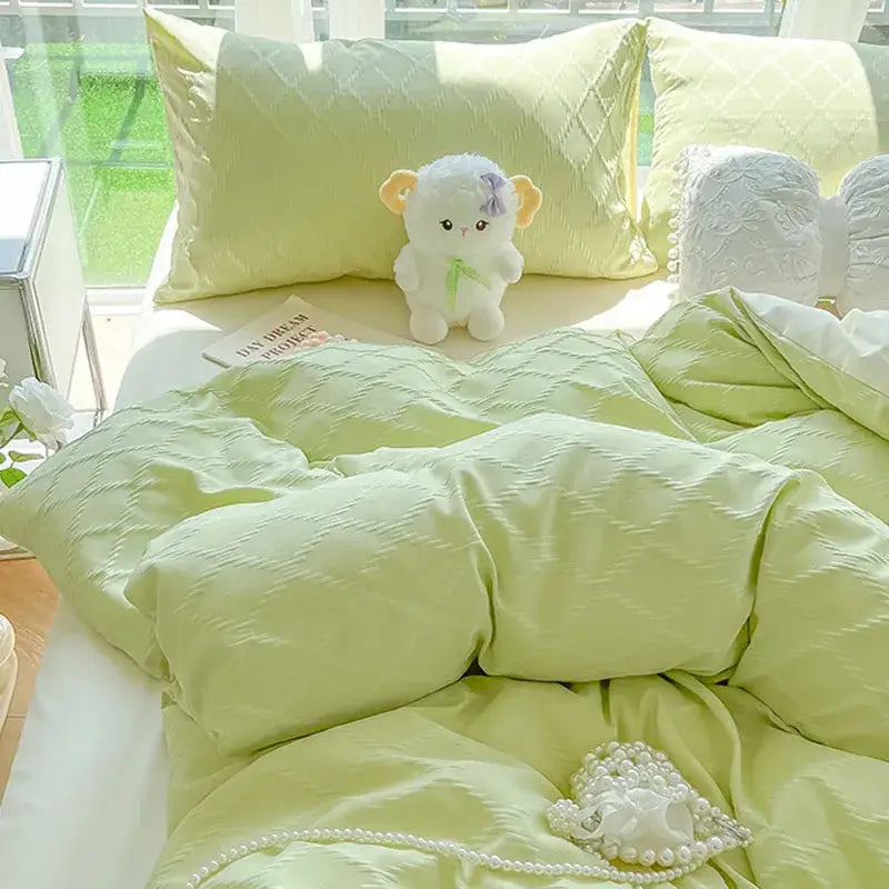 Soft mint green diamond jacquard duvet cover set with matching pillows and plush lamb for skin friendly bedding