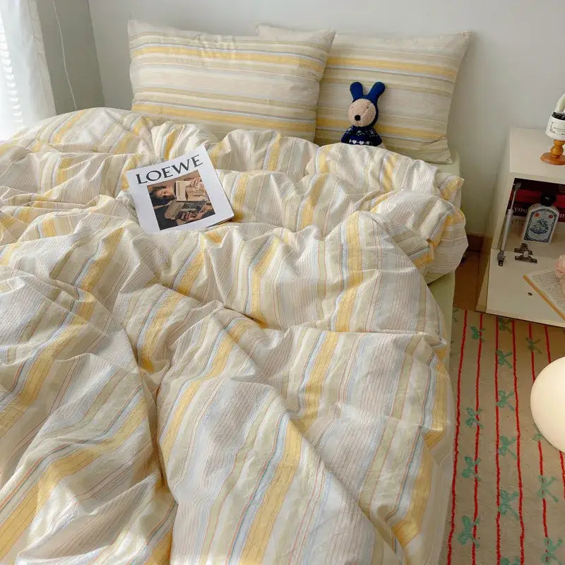Soft cream and yellow striped diamond jacquard duvet cover with subtle blue accents skin friendly bedding