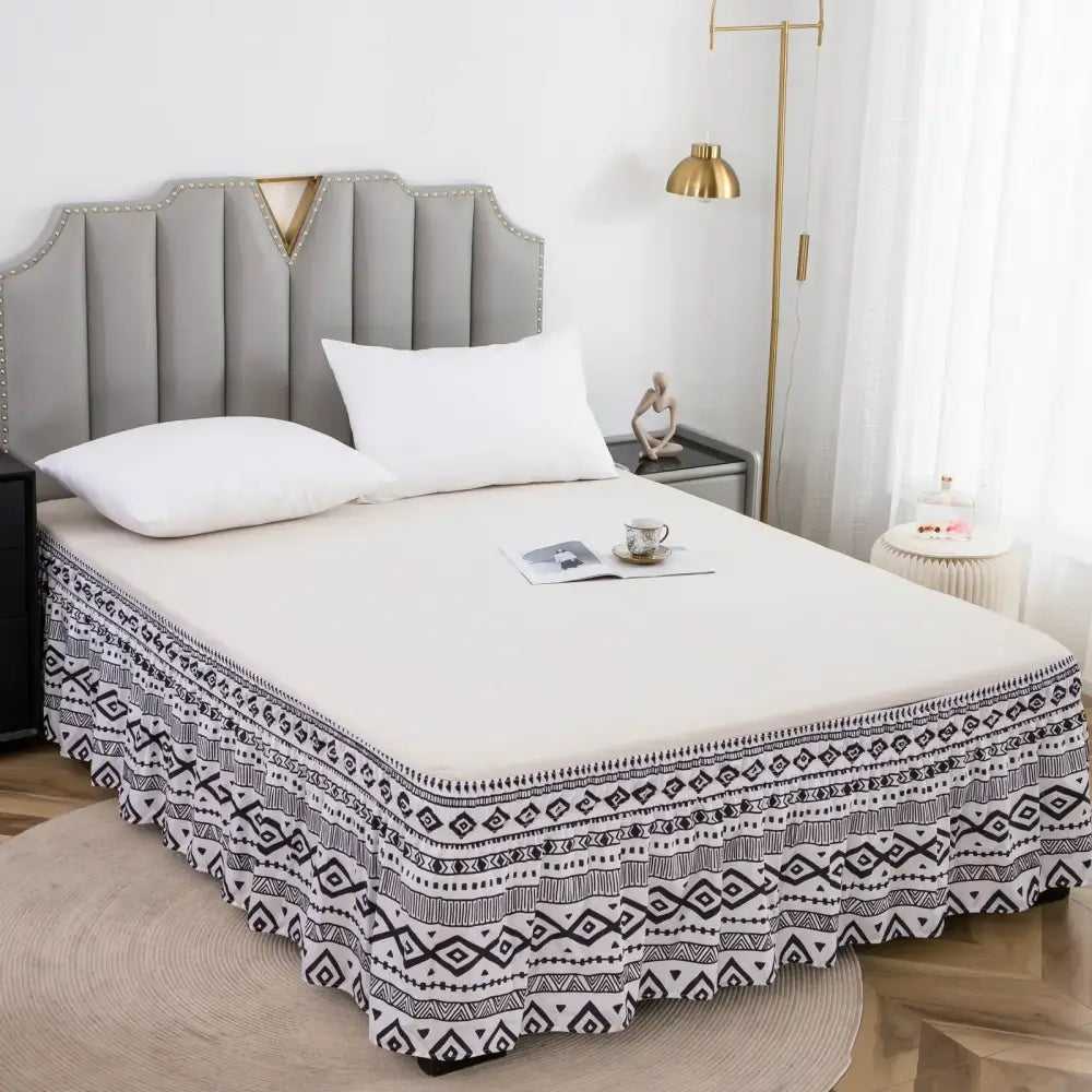Black and white diamond lattice ruffled bed skirt with elastic band and ruffled hem for bedroom use