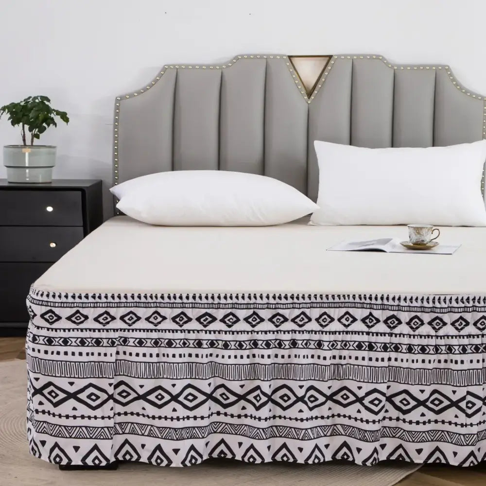 White bed skirt with diamond lattice ruffled black and white geometric pattern and elastic band for bedroom use