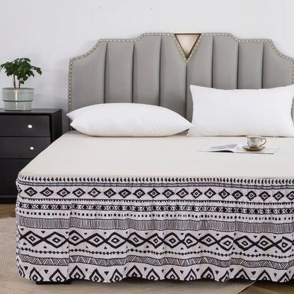 White bed skirt with diamond lattice ruffled black and white geometric pattern and elastic band for bedroom use