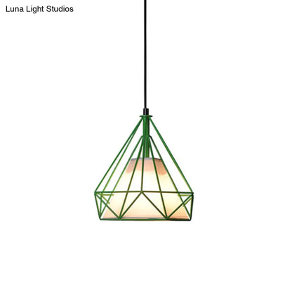 Diamond Loft Ceiling Hang Lamp - 1 Head Iron Pendant Lighting in Black/White/Green with Cone Fabric Shade