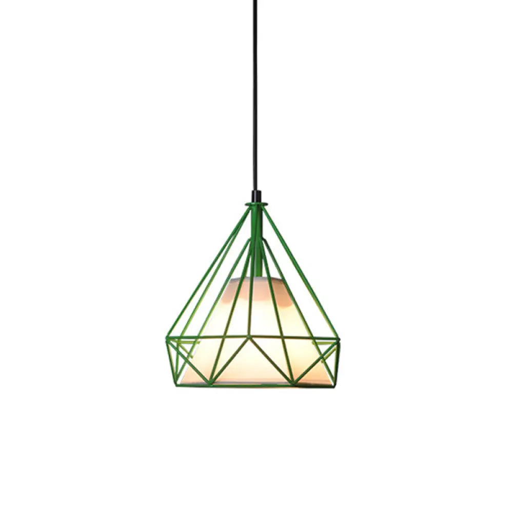 Diamond Loft Ceiling Hang Lamp - 1 Head Iron Pendant Lighting in Black/White/Green with Cone Fabric Shade