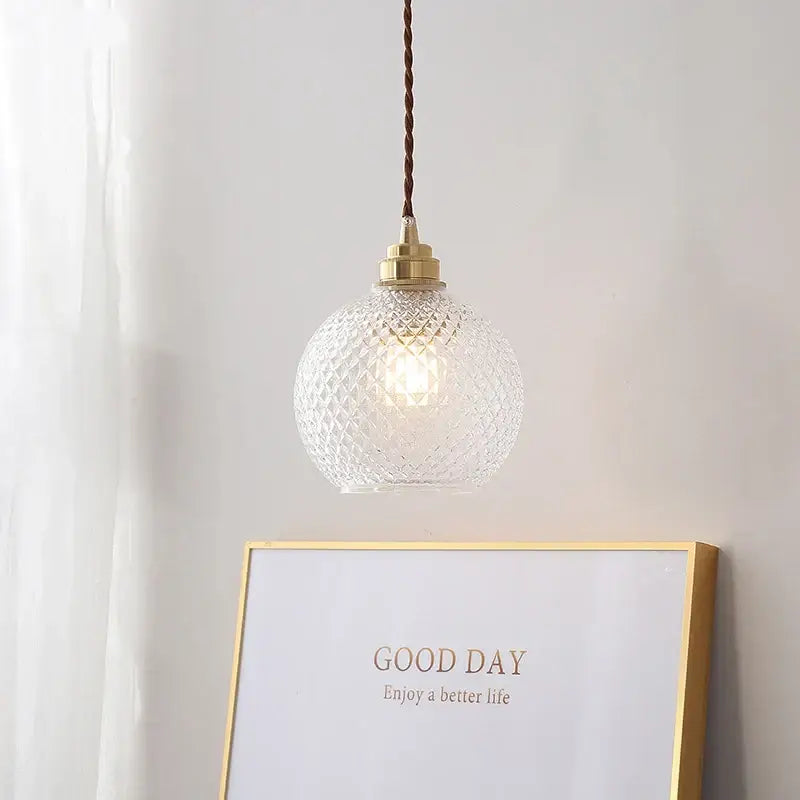 Clear glass ball led pendant light with diamond pattern and brass hardware for dining room decorbites pendant light