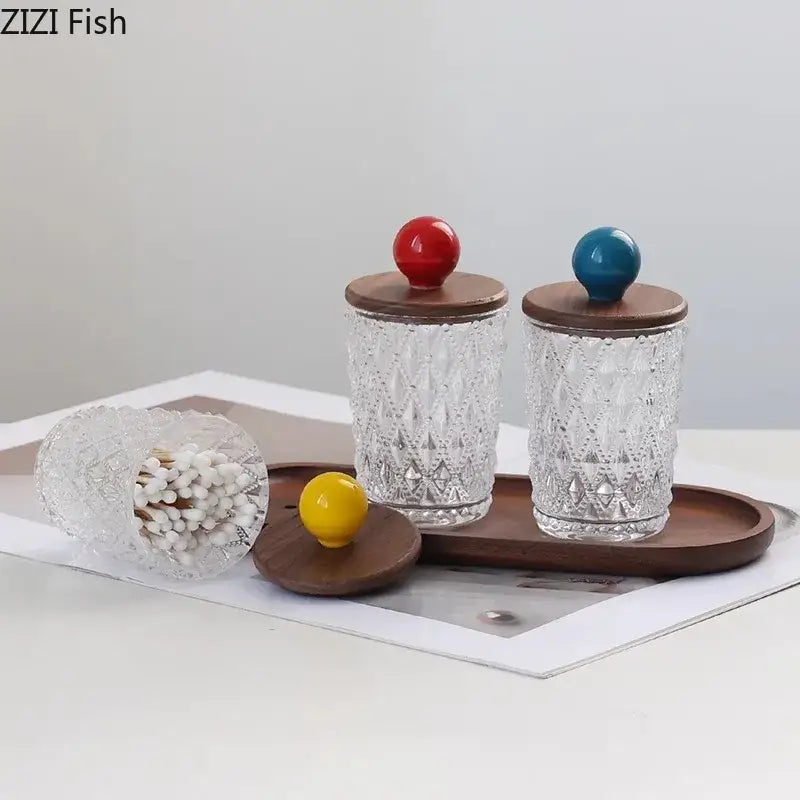 Clear glass diamond pattern jewelry jars with walnut lid and decorbites colorful ceramic ball knobs for bedroom storage