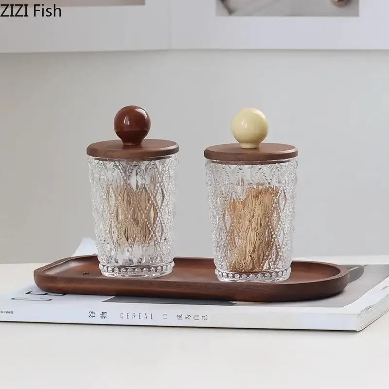 Diamond pattern glass jewelry jar with walnut lid and colorful ceramic ball tops for elegant bedroom storage decorbites