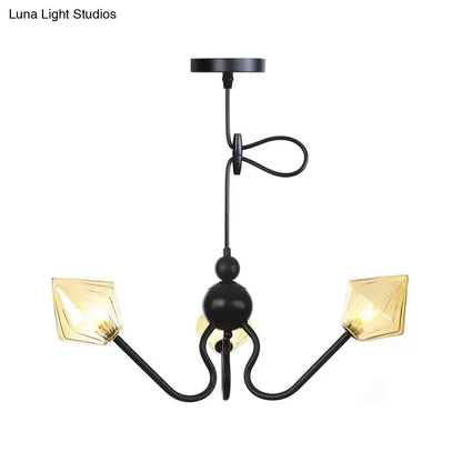 Diamond Pendant Lighting for Farmhouse with Amber/Clear Glass - 3 Lights - Chandelier Lamp in Black/Chrome