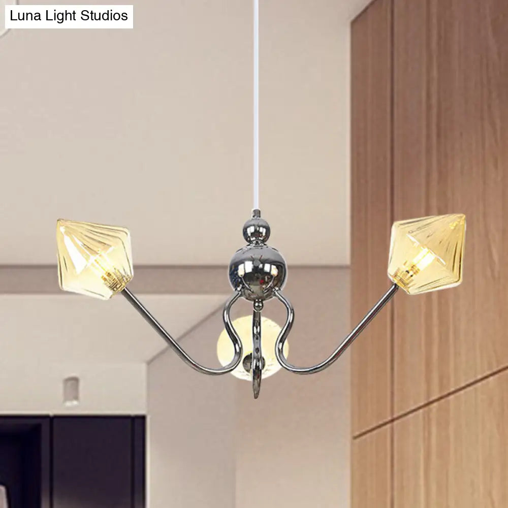 Diamond Pendant Lighting for Farmhouse with Amber/Clear Glass - 3 Lights - Chandelier Lamp in Black/Chrome