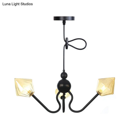 Diamond Pendant Lighting for Farmhouse with Amber/Clear Glass - 3 Lights - Chandelier Lamp in Black/Chrome