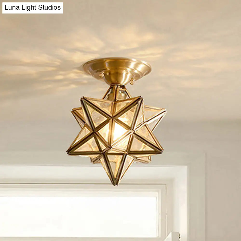 DecorBites™ DecorBites™ Diamond/Star Traditional Bedroom Ceiling Light - Transparent Glass, 1-Light Brass Flushmount