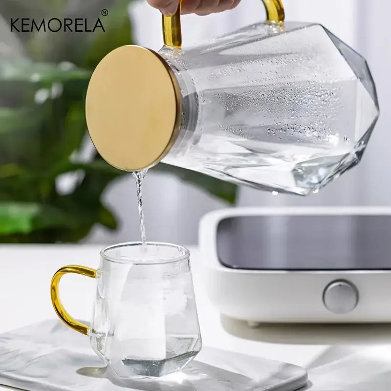 Clear glass diamond texture teapot set with gold-toned handle and lid for elegant dining room use