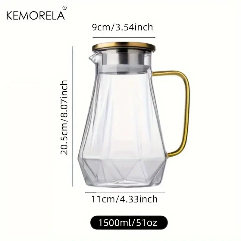 Clear glass teapot with diamond texture faceted design and gold-toned metal lid and handle for dining room use