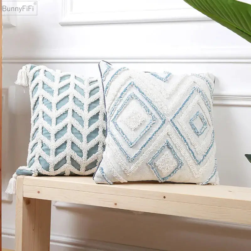 Two textured cushion covers with diamond tufted blue and white geometric embroidery and tassels for living room use
