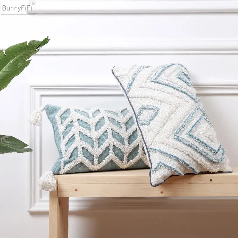 Two textured cushion covers in diamond tufted blue and cream with geometric woven patterns and tassels for living room use