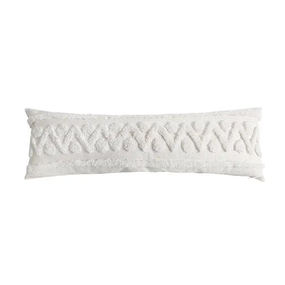White textured cushion cover with woven geometric pattern and frayed edges for diamond tufted blue living room decor